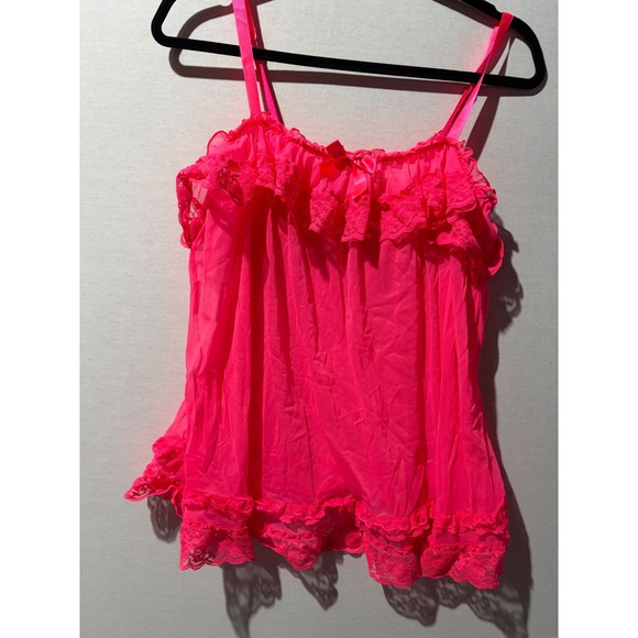 Victoria's Secret Babydoll Cami Nightie Neon Pink Ruffle Lace Lingerie L - Picture 4 of 5